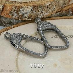 Pave Diamond Silver Oxidised Lobster Large Gap Clasp Lock 925 Sterling Silver