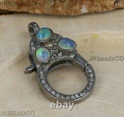 Pave Diamond Silver Oxidised Lobster Opal Clasp Lock 925 Sterling Silver